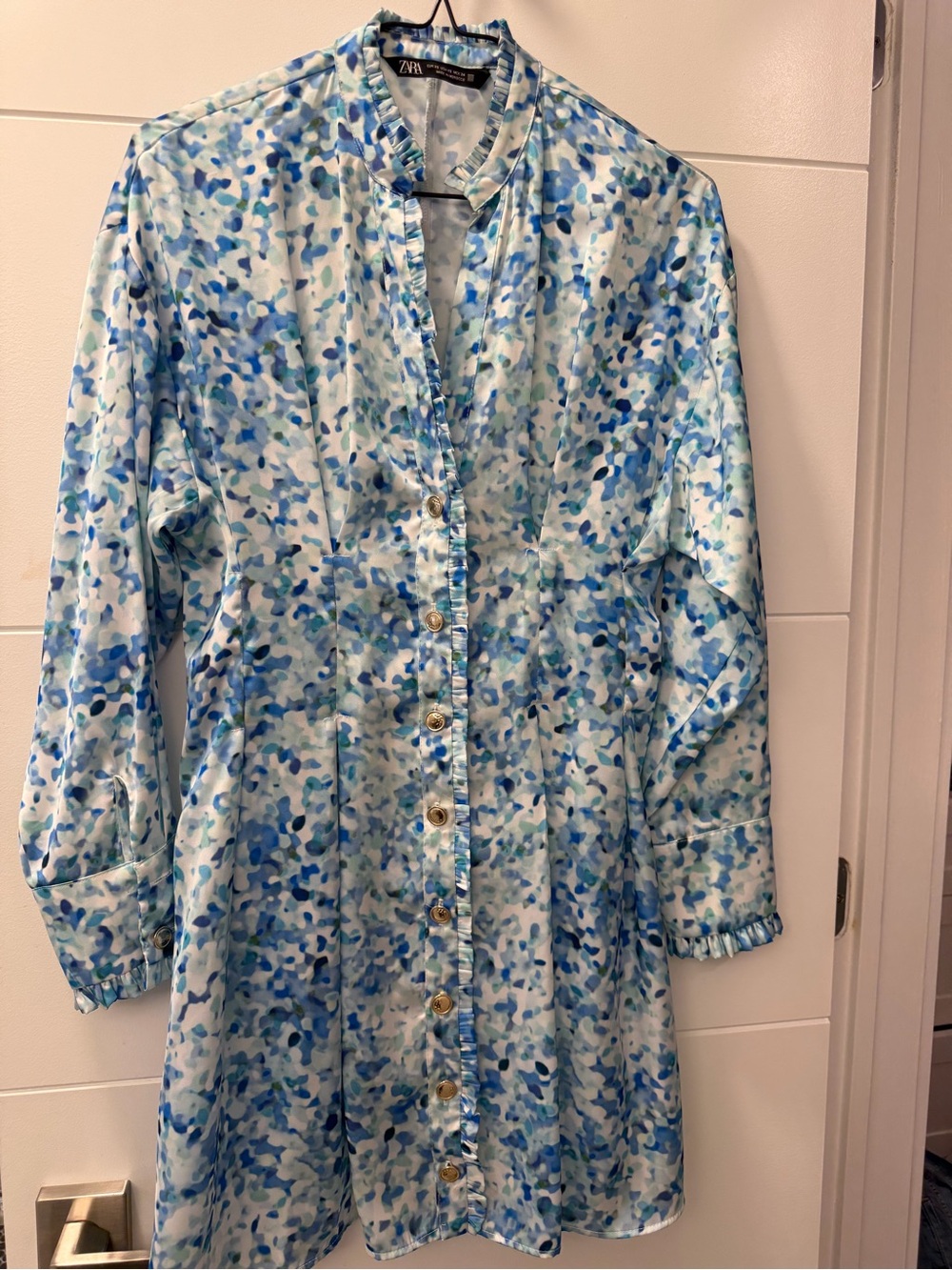 Zara Blue and White Watercolor-Print Long Sleeve Dress